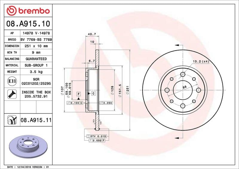 Brake disc Achter Links/Rechts past: ALFA ROMEO MITO 0.9-1.6D 08.08-10.18