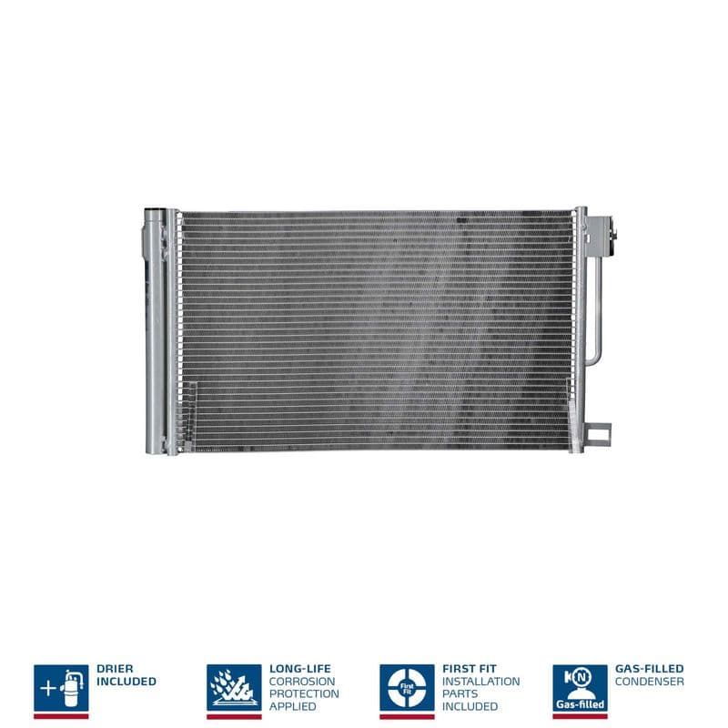 A/C condensator (met droger, (EN) additional fitting elements) past: ALFA ROMEO 4C, 4C SPIDER, GIULIETTA  CITROEN NEMO  FIAT FIORINO, GRANDE PUNTO, PUNTO, PUNTO EVO, QUBO  OPEL ADAM 1.0-1.8 06.05-