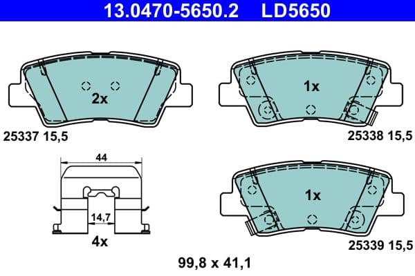 Keramische remblokken Achter (met extra's), past: HYUNDAI ACCENT IV, ACCENT V, BAYON, ELANTRA V, I10 I, I10 II, I10 III, I20 ACTIVE, I20 II, I20 III, I30, I40 I, I40 I CW 1.0-Electric 01.10-