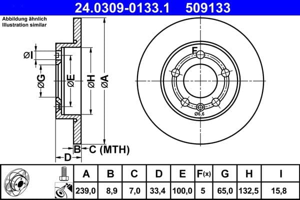 Brake disc, 1pcs, ATE PowerDisc, vol, Cut, Achter   Links/Rechts, buitendiameter 239 mm, dikte 8,9 mm, past: AUDI A3, TT  SKODA OCTAVIA I  VW BORA, BORA I, GOLF IV 1.4-2.8 12.96-12.13