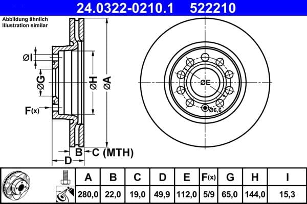 Brake disc, 1pcs, ATE PowerDisc, Geventileerd, Cut, Voor   Links/Rechts, buitendiameter 280 mm, dikte 22 mm, past: AUDI A3  SEAT ALTEA, ALTEA XL, LEON, TOLEDO III 1.2-Electric 02.98-