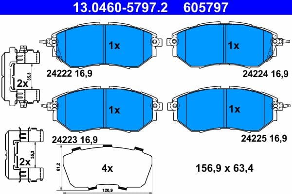 Remblokken set Voor (met een dempingskussen  met extra's), past: SUBARU FORESTER, IMPREZA, LEGACY IV, LEGACY V, LEGACY VI, LEVORG, OUTBACK, TRIBECA 1.6-3.6 09.03-