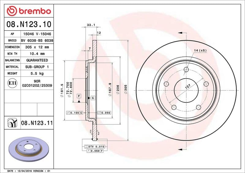 Brake disc Achter Links/Rechts past: CHRYSLER GRAND VOYAGER V, TOWN & COUNTRY, VOYAGER V  DODGE GRAND, JOURNEY, NITRO  FIAT FREEMONT  VW ROUTAN 2.0D-4.0 09.06-