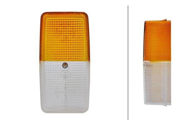 Indicator lapshade Links/Rechts (geel/wit, C5W/P21W, zonder gloeilampen) past: FENDT 102 FARMER, 102 S FARMER, 103 S FARMER, 103 SA FARMER, 104 S FARMER, 105 S FARMER, 106 S FARMER, 108 S FARMER