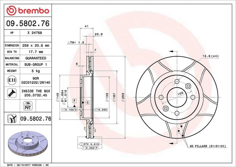 Brake disc, BREMBO Max, 1pcs, Cut, Voor   Links/Rechts, buitendiameter 259 mm, dikte 20,6 mm, past: DACIA LOGAN, LOGAN EXPRESS, LOGAN II, LOGAN MCV, SANDERO, SANDERO II 1.0-2.0D 01.88-