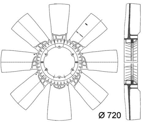 Radiator plezier (diameter 720mm, aantal bladen 7) past: DAF XF 105, XF 95  MAN HOCL, SL II, SÜ D0836LFL61-XF355M 05.00-