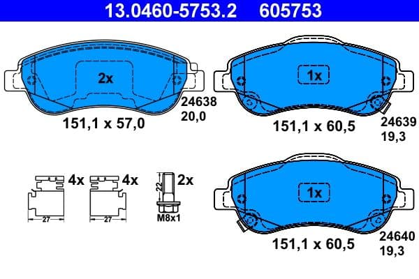 Remblokken set Voor (met extra's  met remklauw geleidingsbouten), past: HONDA CR-V II, CR-V III, CR-V IV 1.6D-2.4 09.01-12.18