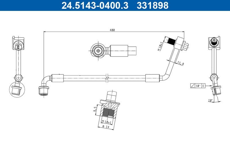 Remleiding/slang flexibel Achter Rechts (lengte 400mm, M10x1) past: OPEL ASTRA K 1.0-1.6D 06.15-12.21