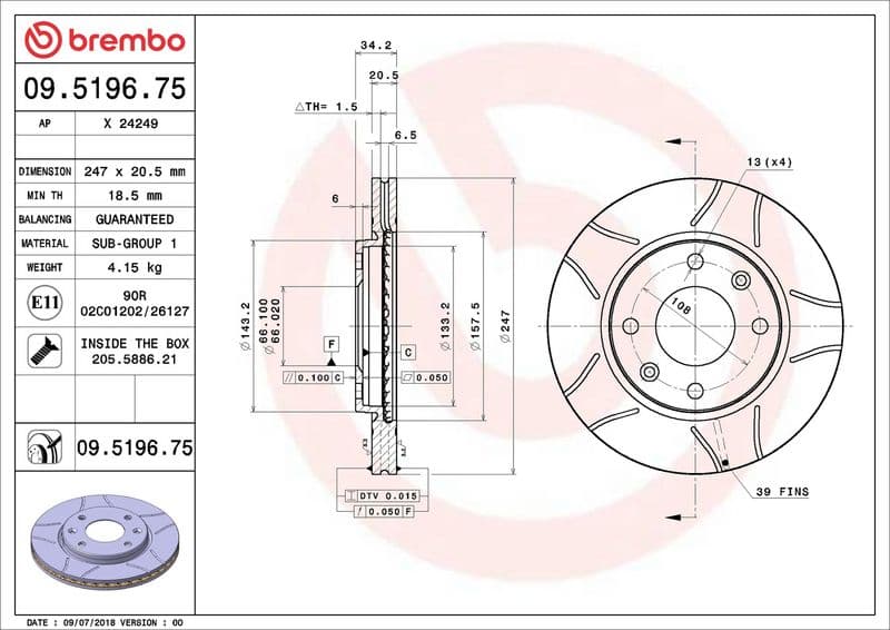 Brake disc, BREMBO Max, 1pcs, Cut, Voor   Links/Rechts, buitendiameter 247 mm, dikte 20,4 mm, past: CITROEN AX, SAXO, XSARA, ZX  PEUGEOT 106 I, 106 II, 206, 206+ 1.1-Electric 01.89-08.13