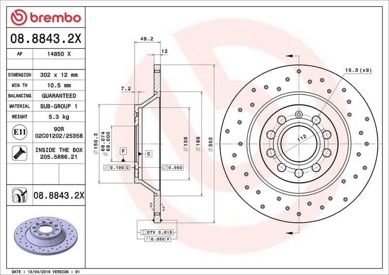 Brake disc, BREMBO Xtra, 1pcs, Drilled, Achter   Links/Rechts, buitendiameter 302 mm, dikte 12 mm, past: AUDI A6 C6 2.0-3.2 05.04-08.11