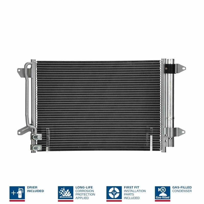 A/C condensator (met droger, (EN) additional fitting elements) past: VW BEETLE, JETTA IV 1.2-2.5 04.10-07.19