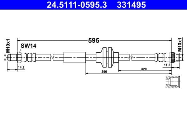 Remleiding/slang flexibel Achter Links/Rechts (lengte 595mm, M10x1) past: OPEL MOVANO B  RENAULT MASTER III 2.3D/Electric 02.10-