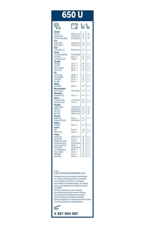 Wisserblad draaibaar Voor (1pcs) 650U Twin Truck 650mm past: MERCEDES A (W168), ATEGO, ATEGO 2, ATEGO 3, AXOR, AXOR 2, NG  ACURA TSX  CHRYSLER CARAVAN, GRAND VOYAGER III, GRAND VOYAGER V 08.73-