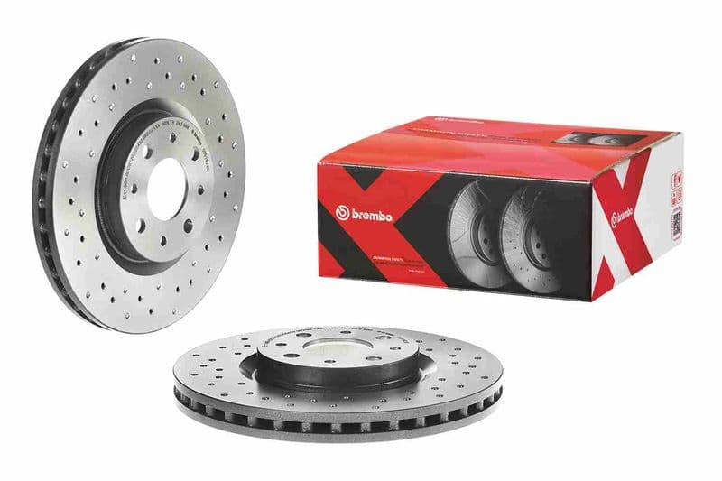 Brake disc, BREMBO Xtra, 1pcs, Drilled, Voor   Links/Rechts, buitendiameter 281 mm, dikte 26 mm, past: ABARTH 500E  ALFA ROMEO MITO  FIAT 500E, BRAVO II, STILO, TIPO 1.1-Electric 01.88-