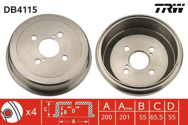 Brake drum Achter past: AUDI 100 C3, 80 B4  FORD ESCORT V  RENAULT 4  TOYOTA CARINA E VI, CARINA VII, COROLLA, SPRINTER CARIB  VW GOLF III, TRANSPORTER T2 1.1-2.0D 08.75-06.02
