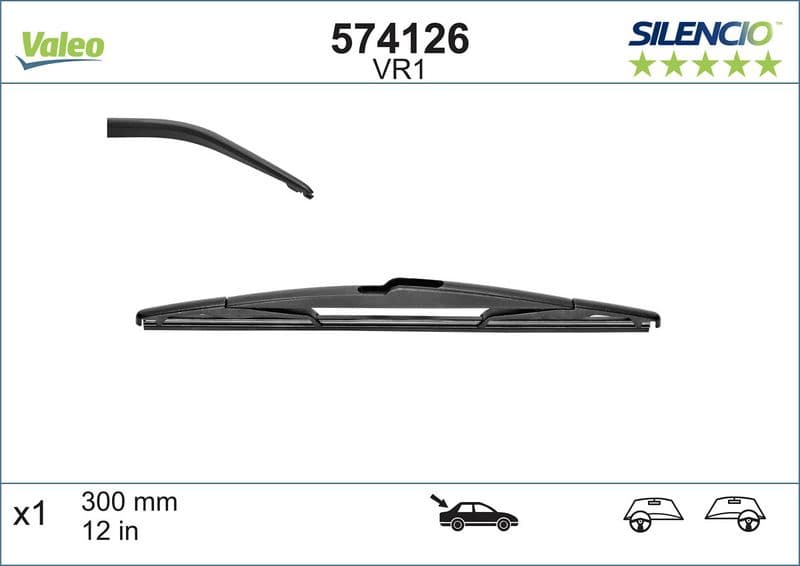 Wisserblad Standaard Achter (1pcs) VR1 Silencio 300mm past: CITROEN C1  DODGE NITRO  PEUGEOT 107, 2008 I  RENAULT TWINGO I  TOYOTA AYGO, LAND CRUISER PRADO, YARIS 03.93-