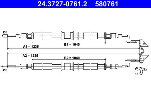 Handremkabel Achter Links/Rechts (1235mm/1235mm) past: OPEL COMBO, COMBO TOUR 1.3D-1.7D 10.01-