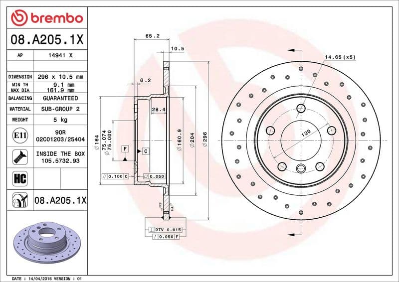 Brake disc, BREMBO Xtra, 1pcs, Drilled, Achter   Links/Rechts, buitendiameter 296 mm, dikte 10,5 mm, past: BMW 1 (E81), 1 (E82), 1 (E87), 3 (E90), 3 (E91), 3 (E92) 1.6/2.0/2.0D 06.04-10.13