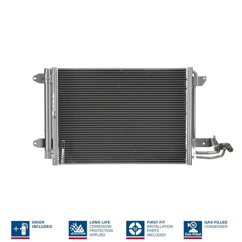 A/C condensator (met droger, (EN) additional fitting elements) past: AUDI A3, TT  SEAT ALTEA, ALTEA XL, LEON, TOLEDO III  SKODA OCTAVIA I, OCTAVIA II, SUPERB II, YETI 1.0-Electric 09.96-09.20