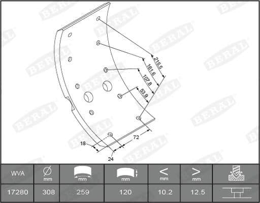 Brake shoe lining Achter/Voor (308x120. 4-oversize) past: MERCEDES LK/LN2 01.84-12.98