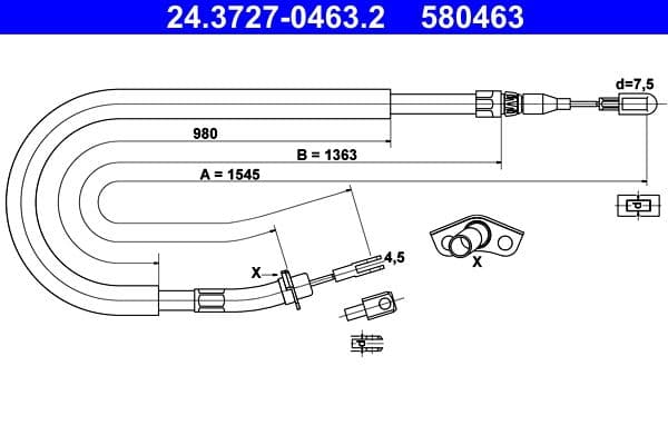 Handremkabel Achter Links/Rechts (1545mm) past: MERCEDES SPRINTER 2-T (B901, B902), SPRINTER 3,5-T (B909), SPRINTER 3-T (B903) 2.1D-2.9D 01.95-