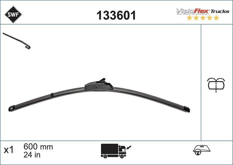 Wisserblad voegloos Voor met spoiler (1pcs) Visioflex 600mm past: IVECO DAILY III, DAILY IV  RVI MASCOTT, MIDLUM  NISSAN INTERSTAR  OPEL MOVANO A  RENAULT MASTER II, MASTER PRO  DAF LF 12.97-