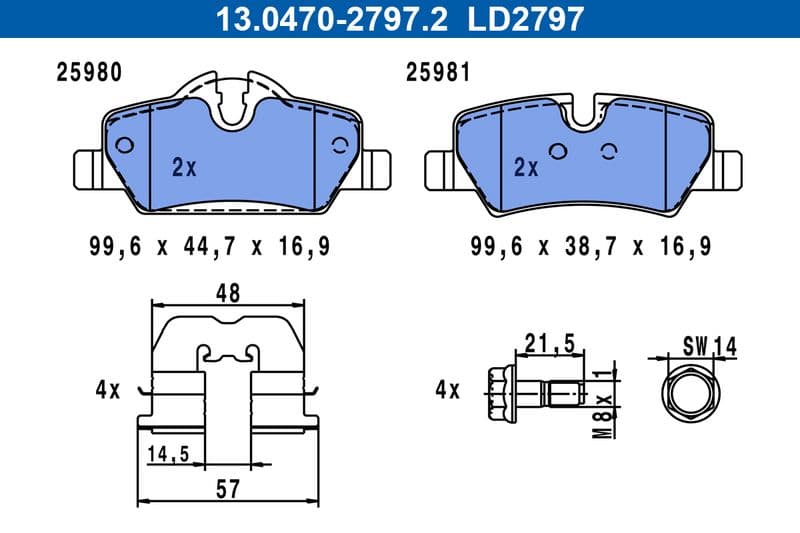 Keramische remblokken Achter (met extra's  met remklauw geleidingsbouten), past: MINI (F55), (F56), (F57) 1.2-2.0D 09.13-