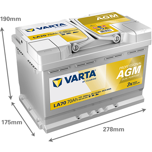 Batterij VARTA 12V 70Ah (EN) PROFESSIONAL DUAL PURPOSE AGM R+ 278x175x190mm, B13 - montageflens 10,5 mm