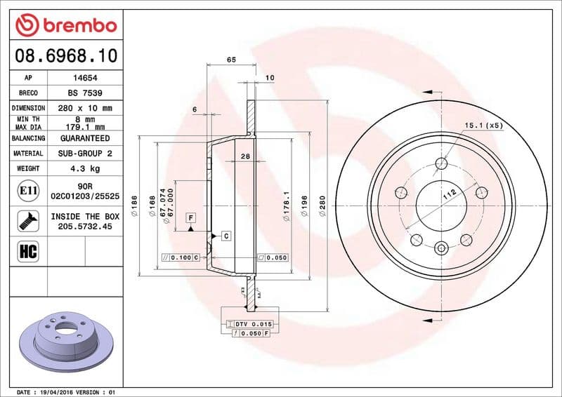 Brake disc Achter Links/Rechts past: MERCEDES V (638/2), VITO (W638) 2.0-2.8 02.96-07.03