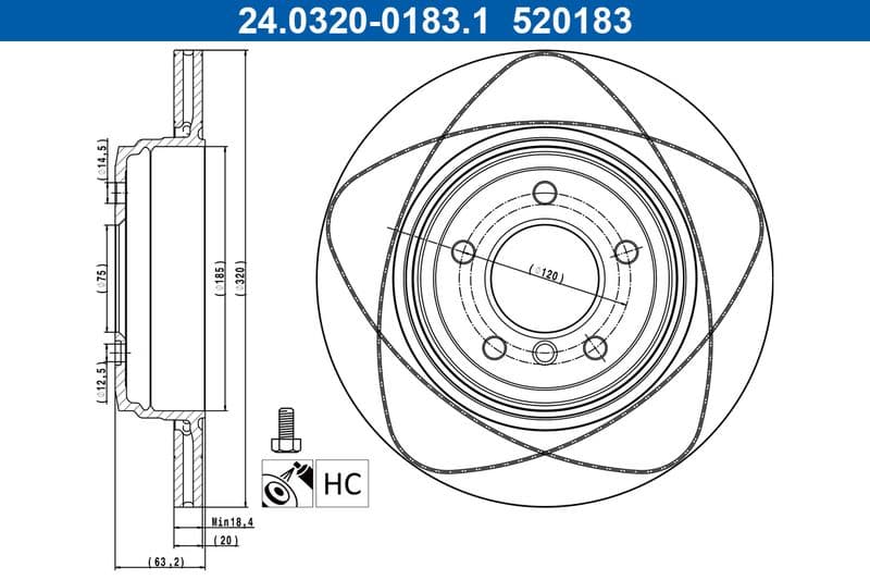 Brake disc, 1pcs, ATE PowerDisc, Geventileerd, Cut, Achter   Links/Rechts, buitendiameter 320 mm, dikte 20 mm, past: BMW 5 (E60), 5 (E61), 6 (E63), 6 (E64) 1.3D-3.0D 12.01-02.12