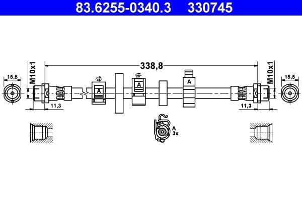 Remleiding/slang flexibel Voor Rechts (lengte 340mm, M10x1/M10x1) past: VW TRANSPORTER T4 1.9D-2.8 07.90-06.03
