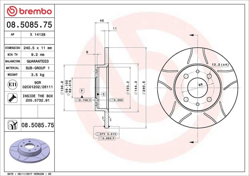Brake disc, BREMBO Max, 1pcs, Cut, Achter   Links/Rechts, buitendiameter 240 mm, dikte 11 mm, past: ABARTH 500 / 595 / 695, 500C / 595C / 695C  ALFA ROMEO 145, 146, 155 0.7-Electric 12.75-