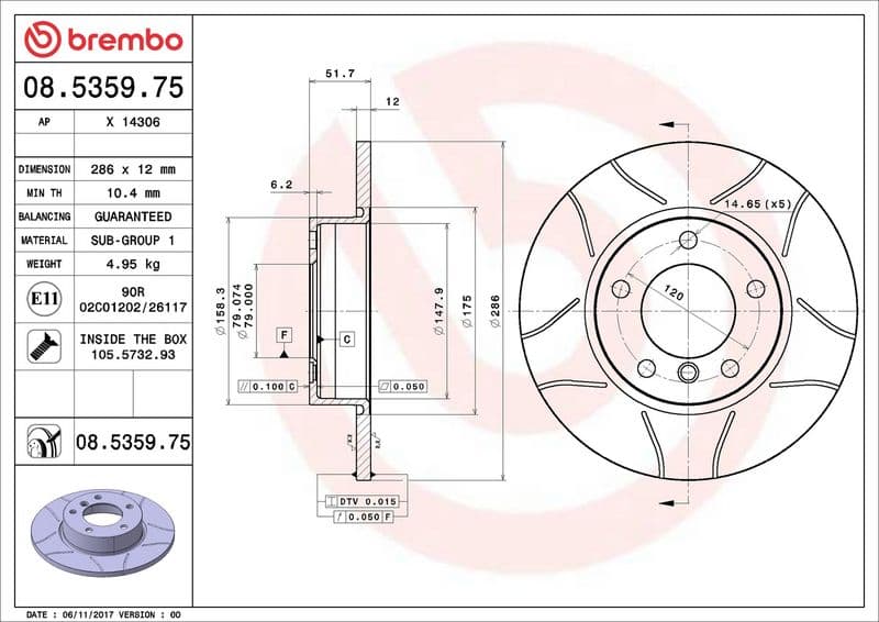 Brake disc, BREMBO Max, 1pcs, Cut, Voor   Links/Rechts, buitendiameter 286 mm, dikte 12 mm, past: BMW 3 (E36), Z3 (E36) 1.6-2.5 09.90-01.03