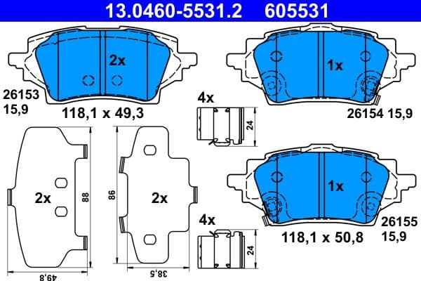 Remblokken set Achter (met een dempingskussen  met extra's), past: MAZDA 2  SUZUKI SWACE  TOYOTA C-HR, COROLLA, YARIS 1.2-2.0H 10.16-