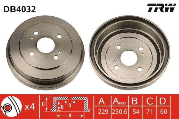 Brake drum Achter past: TOYOTA CARINA II, CARINA III, COROLLA, CORONA, CRESSIDA, LITEACE, TOWN ACE 1.3-2.4D 11.73-12.04