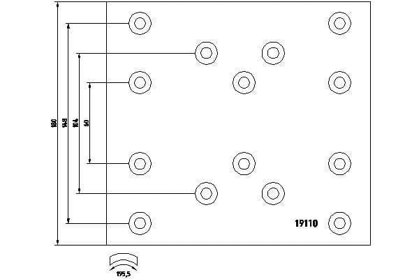 Brake shoe lining Achter (410x180. basis, (EN) does not contain rivets) past: IVECO EUROTRAKKER, TRAKKER I, TRAKKER II, T-WAY 01.93-