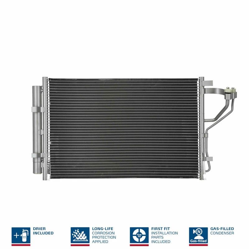 A/C condensator (met droger, (EN) additional fitting elements) past: HYUNDAI ELANTRA V, I30  KIA CEE'D, CERATO III, PRO CEE'D 1.4-2.0 09.10-