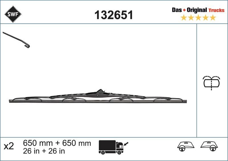 Wisserblad draaibaar Voor (2pcs) Truck 650mm past: RVI C, D, KERAX, PREMIUM  VOLVO FE, FE II 04.96-