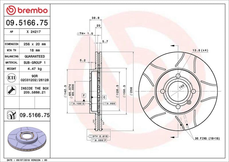 Brake disc, BREMBO Max, 1pcs, Cut, Voor   Links/Rechts, buitendiameter 256 mm, dikte 20 mm, past: SEAT AROSA, CORDOBA, CORDOBA VARIO, IBIZA II, IBIZA III, INCA, TOLEDO I 1.0-2.8 08.83-11.09