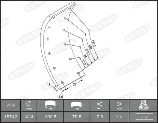 Brake shoe lining Achter (270x79. basis) past: MERCEDES T2/L, T1/TN, T2/LN1  IVECO DAILY I, DAILY II 01.70-05.99