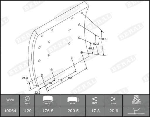 Brake shoe lining Achter (420x200. basis) past: DAF 65, 65 CF, 75, 75 CF, 85, 85 CF, 95, 95 XF, CF 65, F 2300, F 2700, F 2900, SB 07.78-