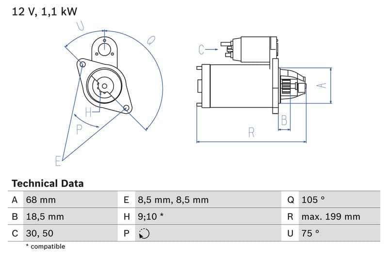 Starter (12V, 1,1kW, gereviseerd) past: FIAT STILO  OPEL AGILA A, ASTRA G, ASTRA G CLASSIC, ASTRA H, ASTRA H CLASSIC, ASTRA H GTC, COMBO, COMBO TOUR, CORSA C, CORSA D, MERIVA A 1.2-1.6CNG 03.00-
