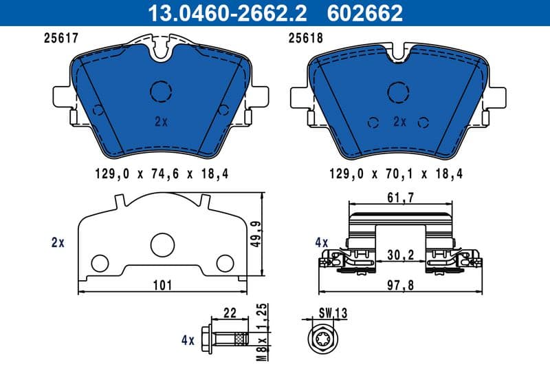 Remblokken set Voor (met een dempingskussen  met remklauw geleidingsbouten), past: BMW 2 (U06), X1 (U11), X2 (U10)  MINI CLUBMAN (F54), COUNTRYMAN (F60), COUNTRYMAN (U25) 1.5-Electric 11.14-
