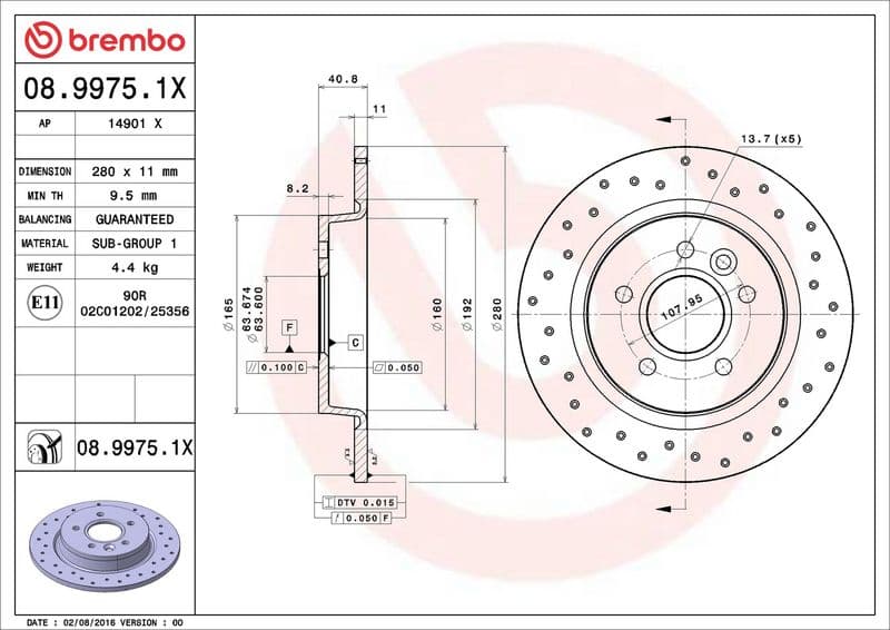 Brake disc, BREMBO Xtra, 1pcs, Drilled, Achter   Links/Rechts, buitendiameter 280 mm, dikte 11 mm, past: VOLVO C30, C70 II, S40 II, V40, V50  FORD C-MAX, FOCUS C-MAX 1.4-Electric 10.03-08.19