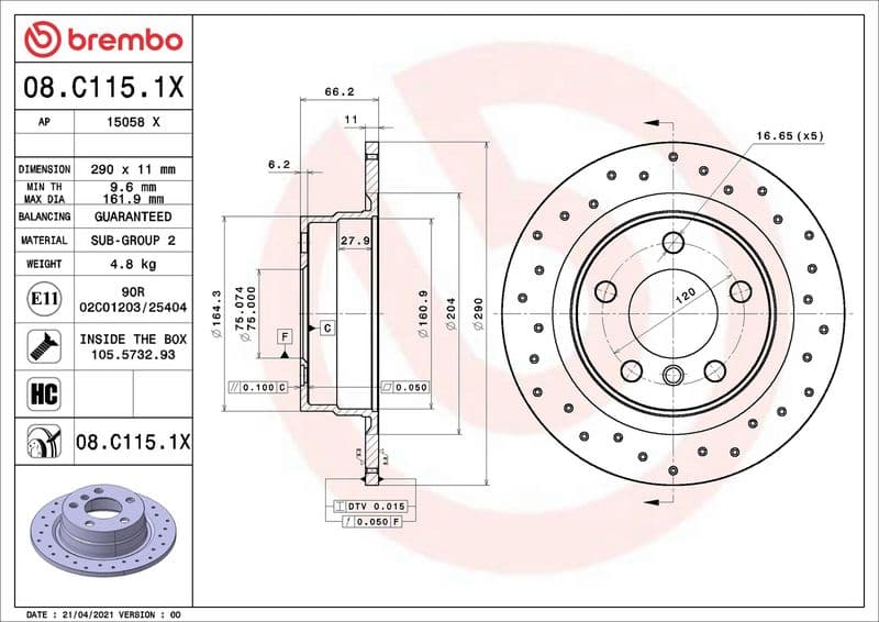 Brake disc, BREMBO Xtra, 1pcs, Drilled   Links/Rechts, buitendiameter 290 mm, dikte 11 mm, past: BMW 1 (F20), 1 (F21), 2 (F22, F87), 2 (F23) 1.5-2.0D 07.11-06.21