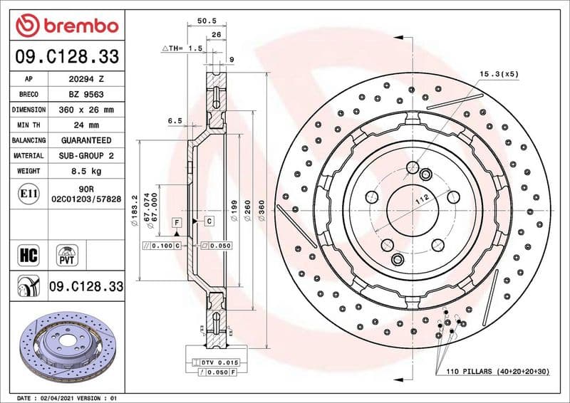 Tweedelige remschijf Achter Links/Rechts past: MERCEDES AMG GT (C190), AMG GT (R190), AMG GT (X290), C (A205), C (C205), C (W205), C T-MODEL (S205), E (W213), E T-MODEL (S213) 3.0H-6.0 01.12-
