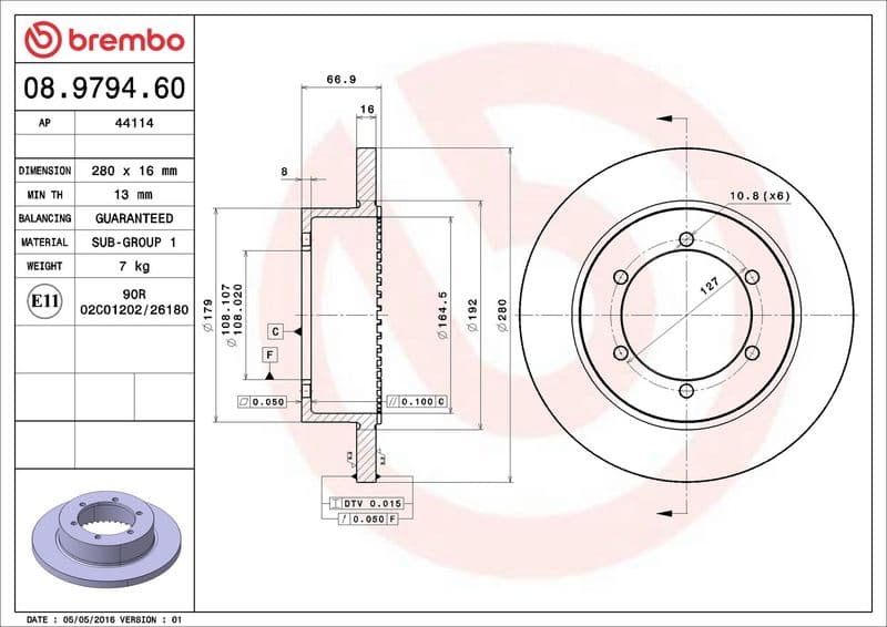 Brake disc achter Links/Rechts (280mmx16mm) past: RVI MAXITY  NISSAN CABSTAR, CABSTAR E, NT400 CABSTAR 10.98-