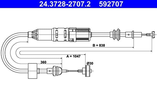 Koppelingskabel (1047mm/838mm) past: SEAT AROSA  VW CADDY II, LUPO I, POLO, POLO III, POLO III CLASSIC 1.0-1.9D 10.94-07.05