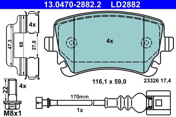 Keramische remblokken Achter (met extra's  met remklauw geleidingsbouten), past: VW CALIFORNIA T5 CAMPER, CALIFORNIA T6 CAMPER, MULTIVAN T5, MULTIVAN T6, TRANSPORTER T5 1.9D-Electric 04.03-08.24