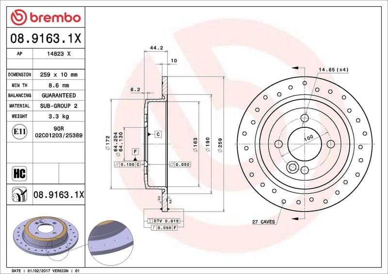 Brake disc, BREMBO Xtra, 1pcs, Drilled, Achter   Links/Rechts, buitendiameter 259 mm, dikte 10 mm, past: MINI (R50, R53), (R52), (R56), (R57), (R58), (R59) 1.4-2.0D 06.01-06.15